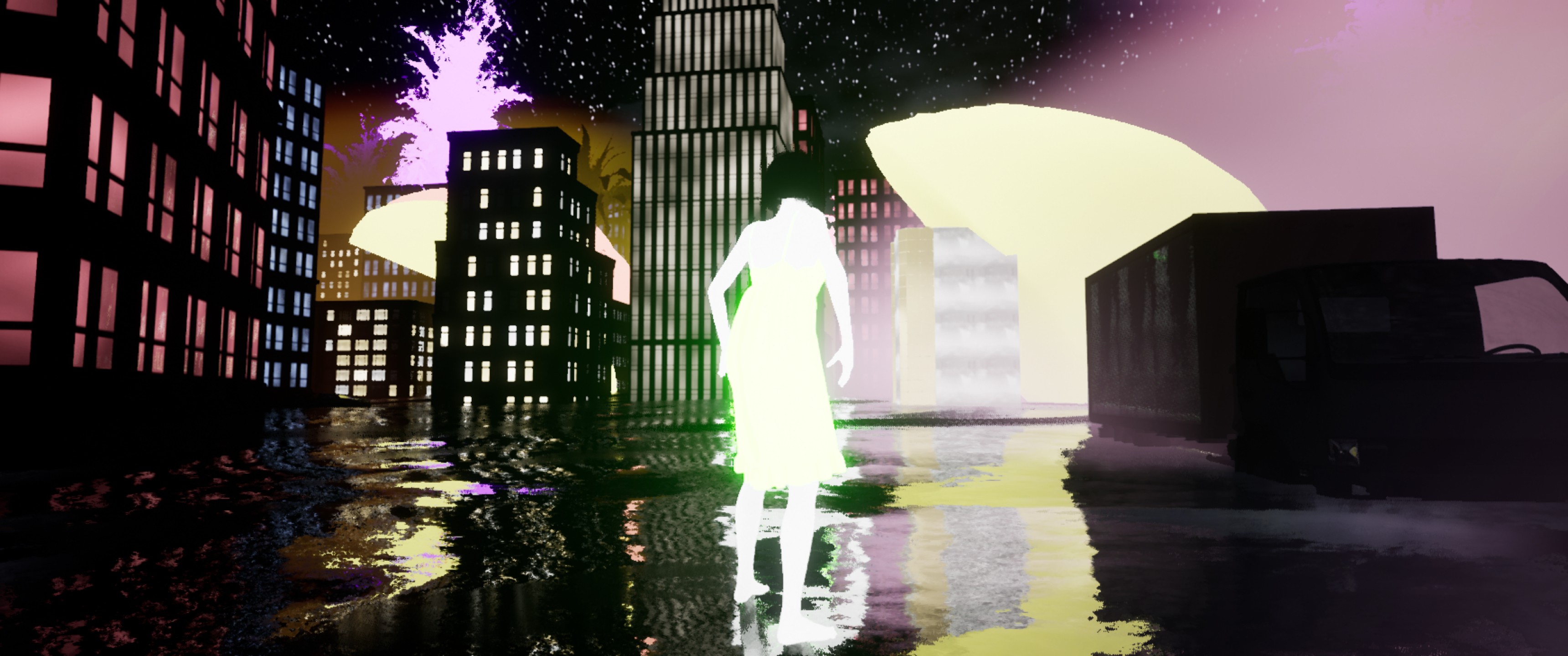 City 1. A figure walks through a flooded, reflective city at night.