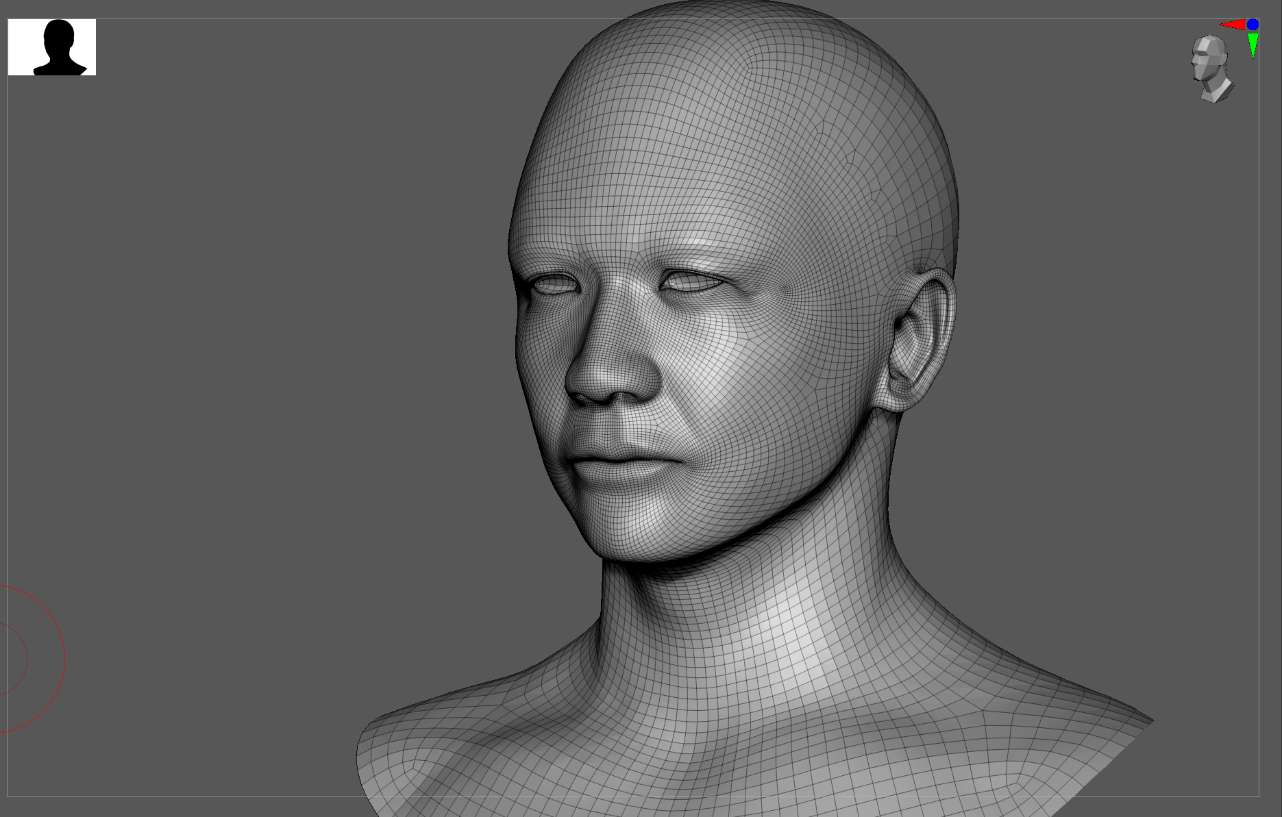 Three-quarter view of the same sculpt. The edge flow around the eyes, nose and mouth is unchanged from the base mesh.