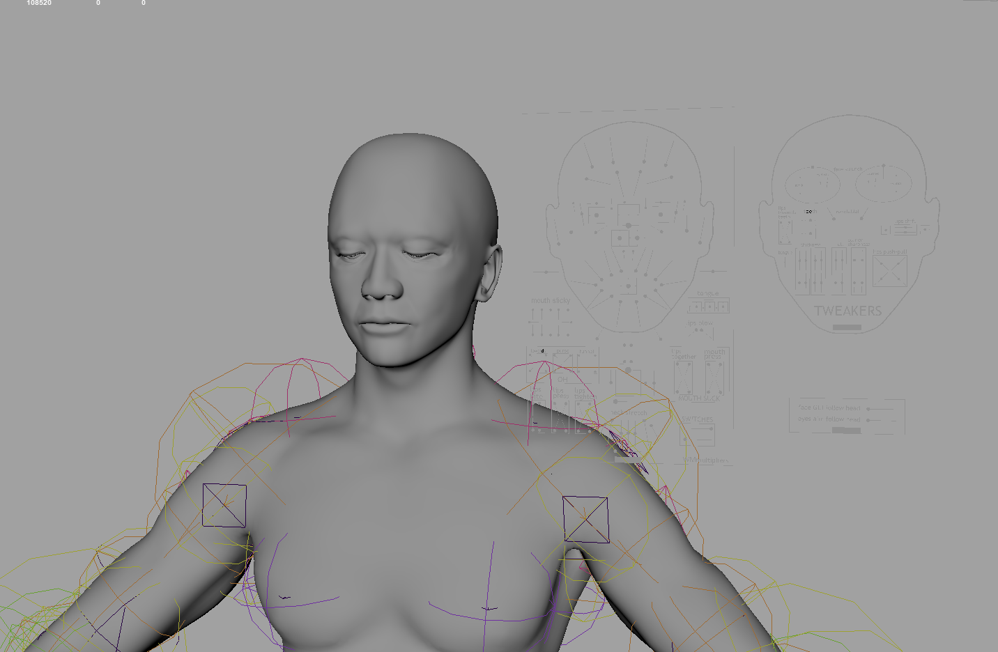 The sculpted head on the MetaHuman preset in Maya, inheriting its body rig and facial control panel.
