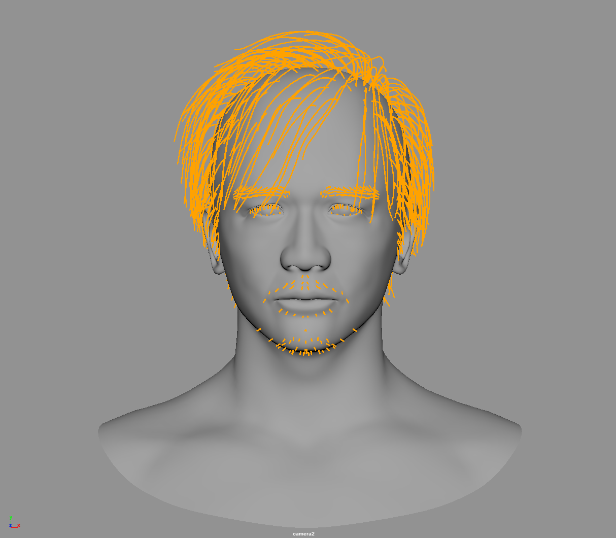 Groom guides for the hair, eyebrows and beard, authored in Maya with XGen.
