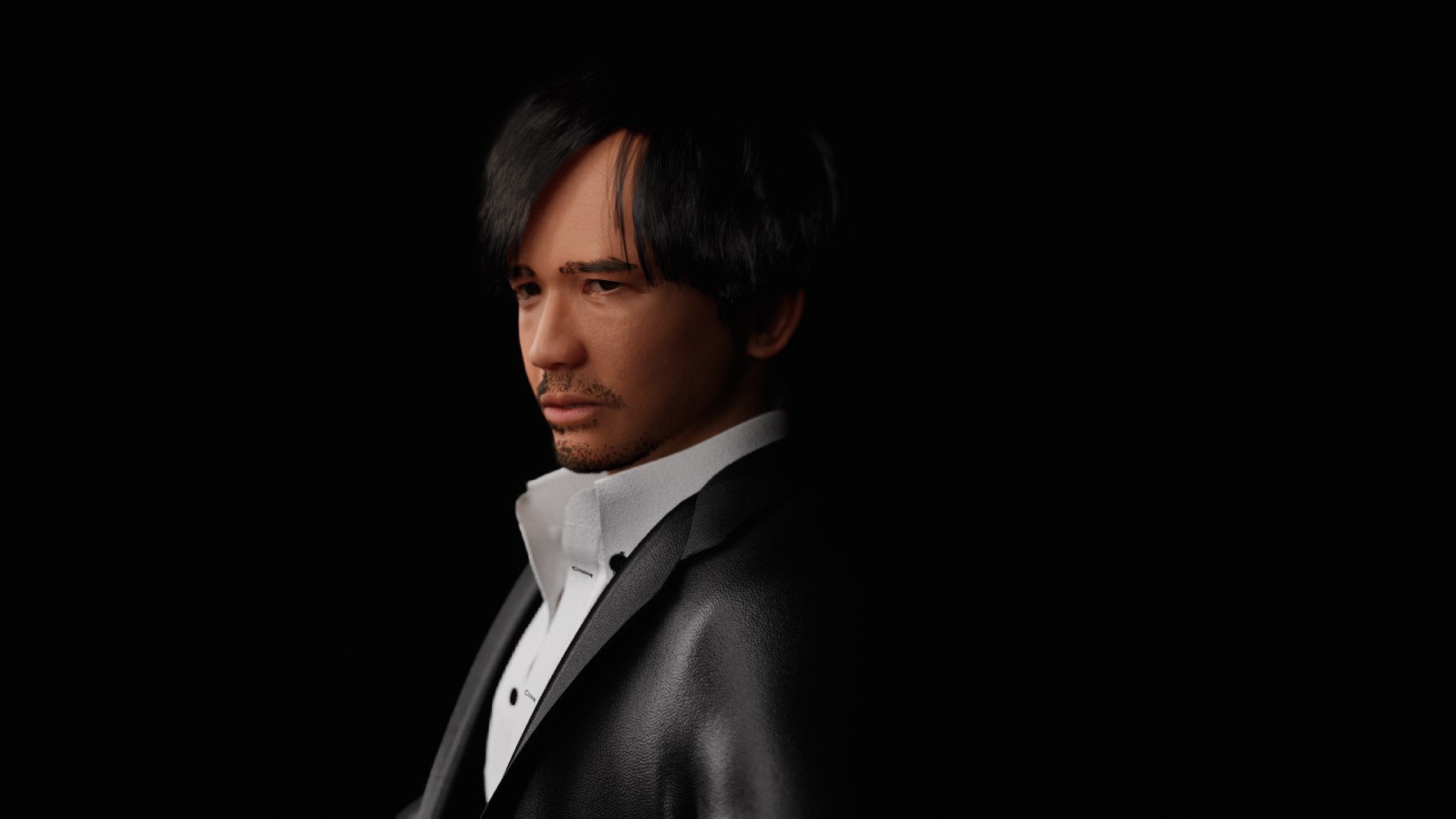 Low-key portrait lighting, showing the groomed hair and beard on the finished character.