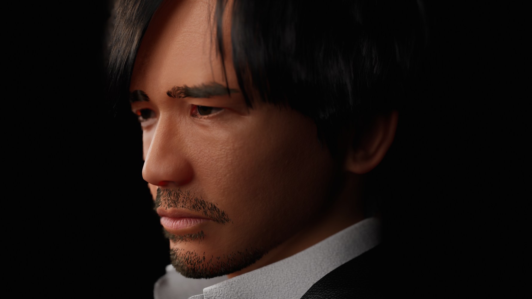 Close-up of the same setup, showing skin detail, brows and the beard groom.