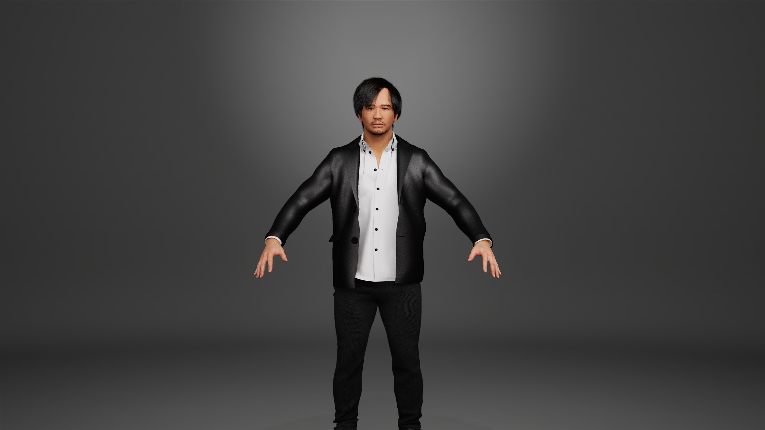 Full-body A-pose with the assembled body, clothing and hair.