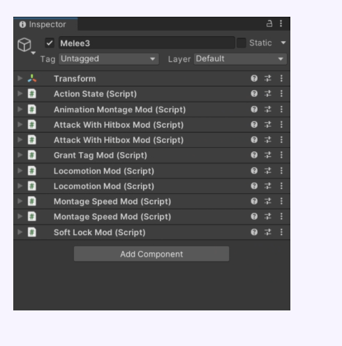 An Action State's component stack — attack, locomotion, tag and montage-speed modifiers stacked on a single node.
