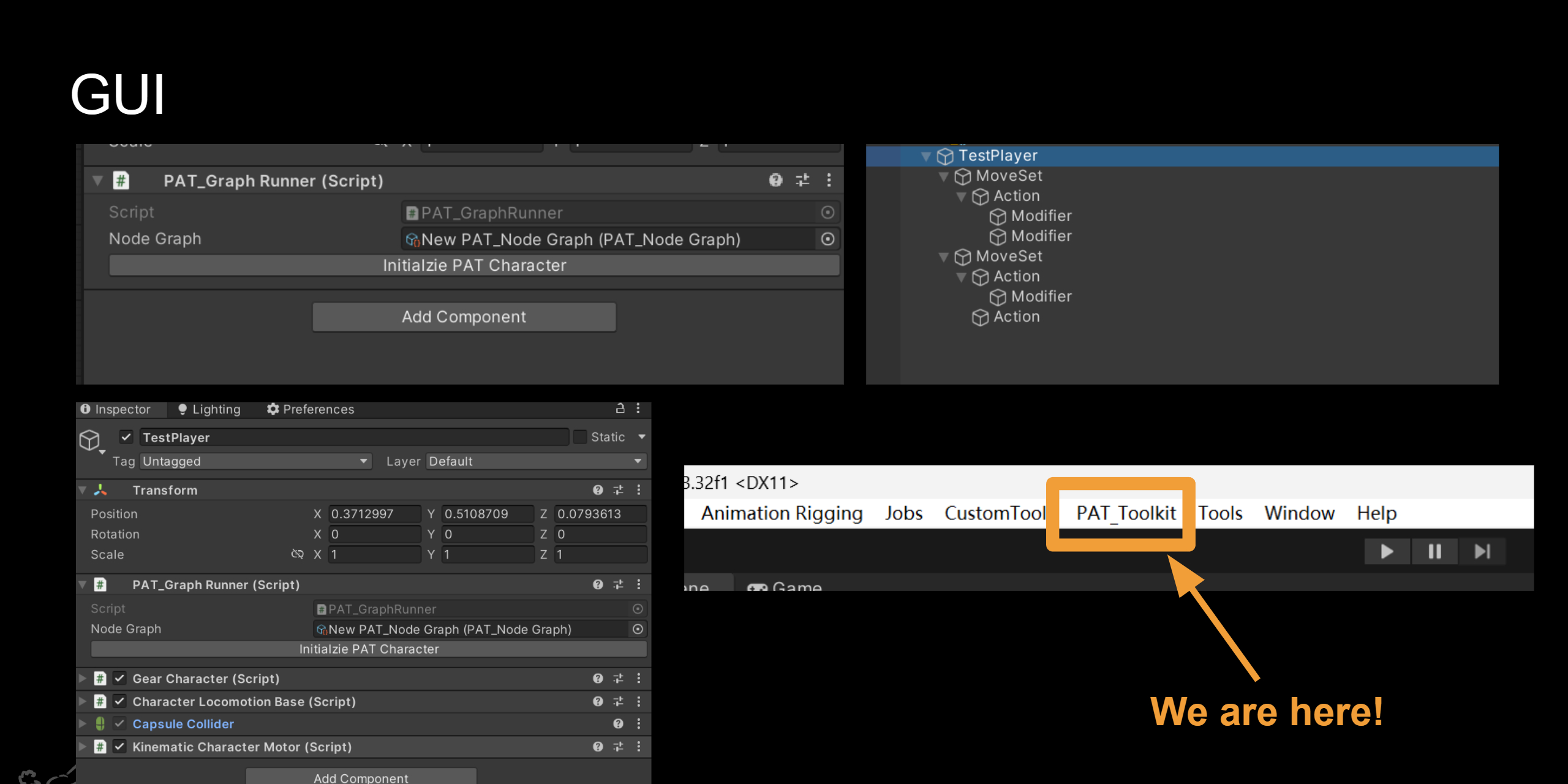 The toolkit's editor surfaces: the PAT_Toolkit menu, the MoveSet / Action / Modifier hierarchy, and the character inspector that ties them to a runtime node graph.